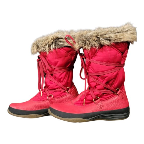 Lands End Faux Fur Trim Red Lace Up Winter Boots Women's 6.5B - Picture 3 of 12